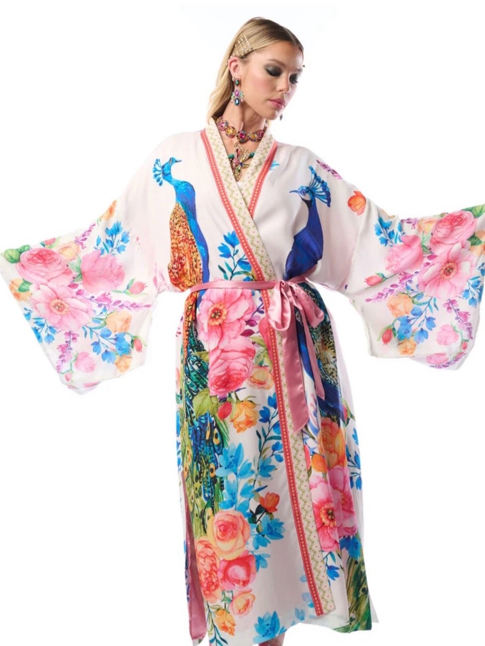 Aratta Multicolor Peacock & Floral Satin Kimono Robe - Pink, Blue, Green